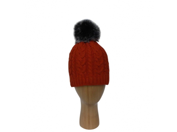 H-003 Orange Cable Stitch Faux Pom-Pom Hat