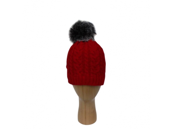 H-003 Red Cable Stitch Faux Pom-Pom Hat