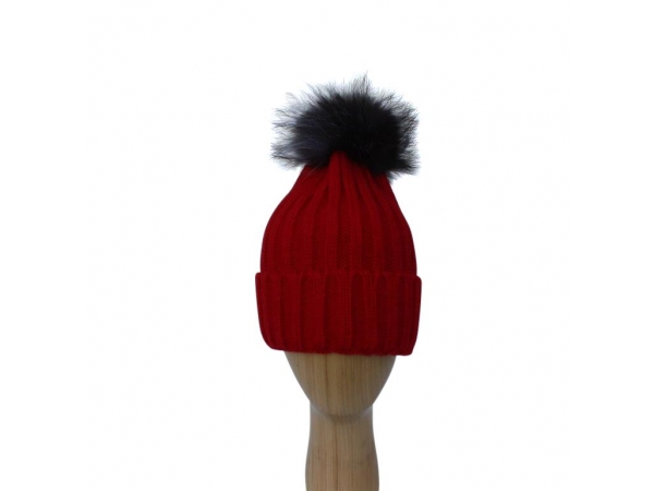 H-006 Red Winter Hat With Detachable Fur Pom-Pom