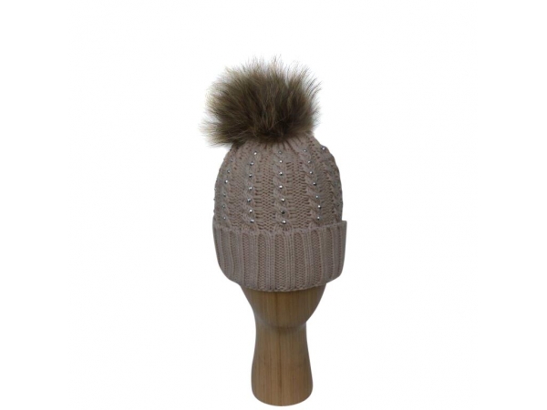 H-007 Beige Winter Hat With Large Detachable Real Fur Pom-Pom