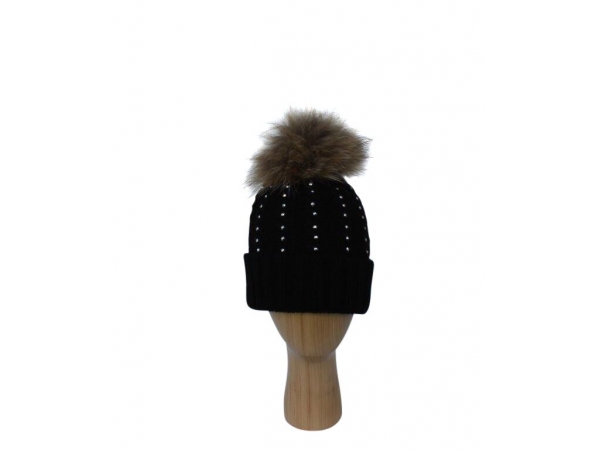 H-007 Black Winter Hat With Large Detachable Real Fur Pom-Pom