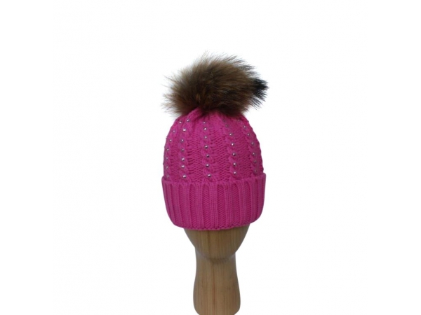 H-007 Fushia Winter Hat With Large Detachable Real Fur Pom-Pom