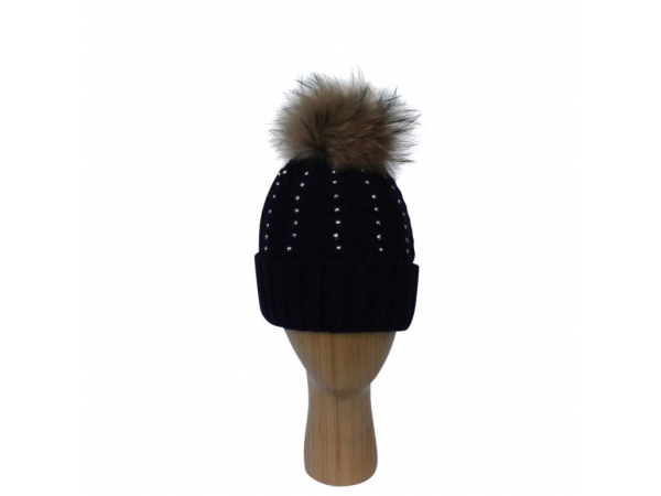 H-007  Navy Winter Hat With Large Detachable Real Fur Pom-Pom