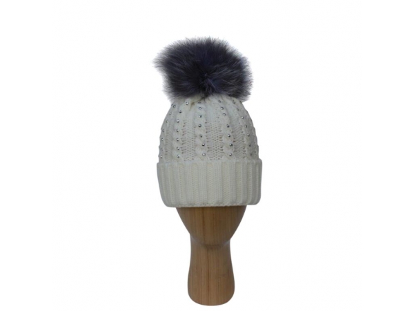 H-007 White Winter Hat With Large Detachable Real Fur Pom-Pom