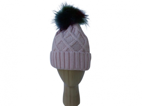 H009 Pink Knitted Hat With Multi Colour Real Fur Pom-Pom