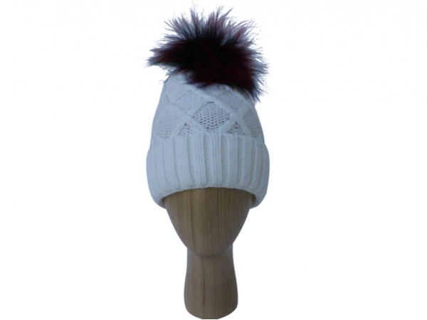 H009 White Knitted Hat With multi Colour Real Fur Pom-Pom