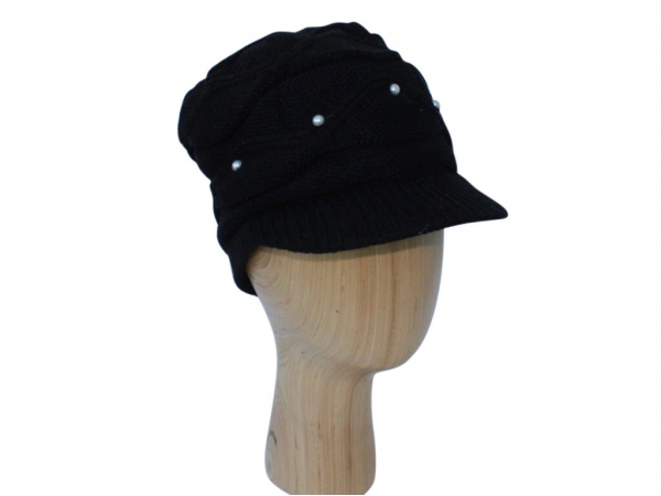 H016 Black peak hat with pearl detail.