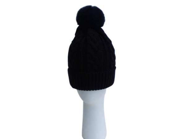 Navy Cable Knit Hat with Faux Fur Pom Pom