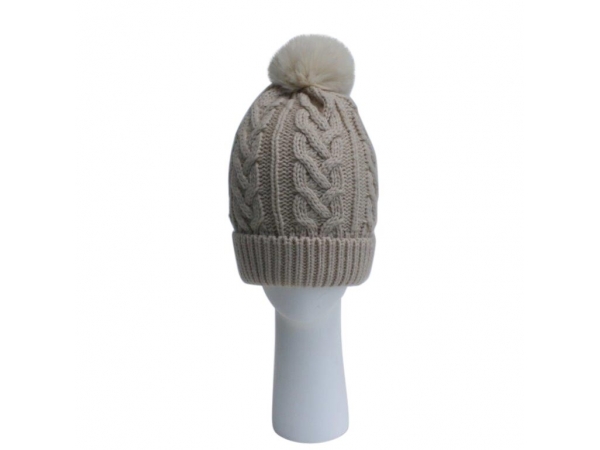 Oatmeal Cable Knit Hat with Faux Fur Pom Pom