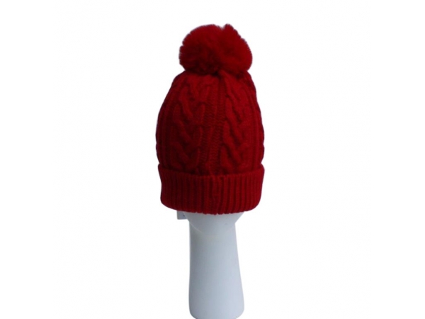 Red Cable Knit Hat with Faux Fur Pom Pom