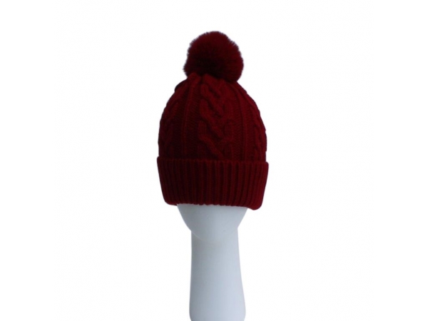 Wine Cable Knit Hat with Faux Fur Pom Pom